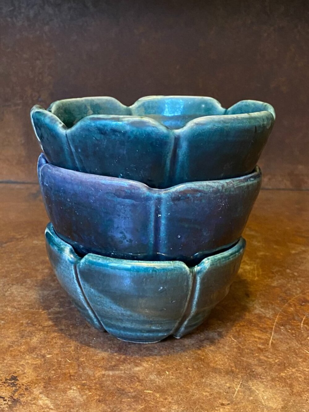 LOT (3) Three Pottery Bowls Fluted Petal Shaped Rim Blue Green Ceramic Vintage